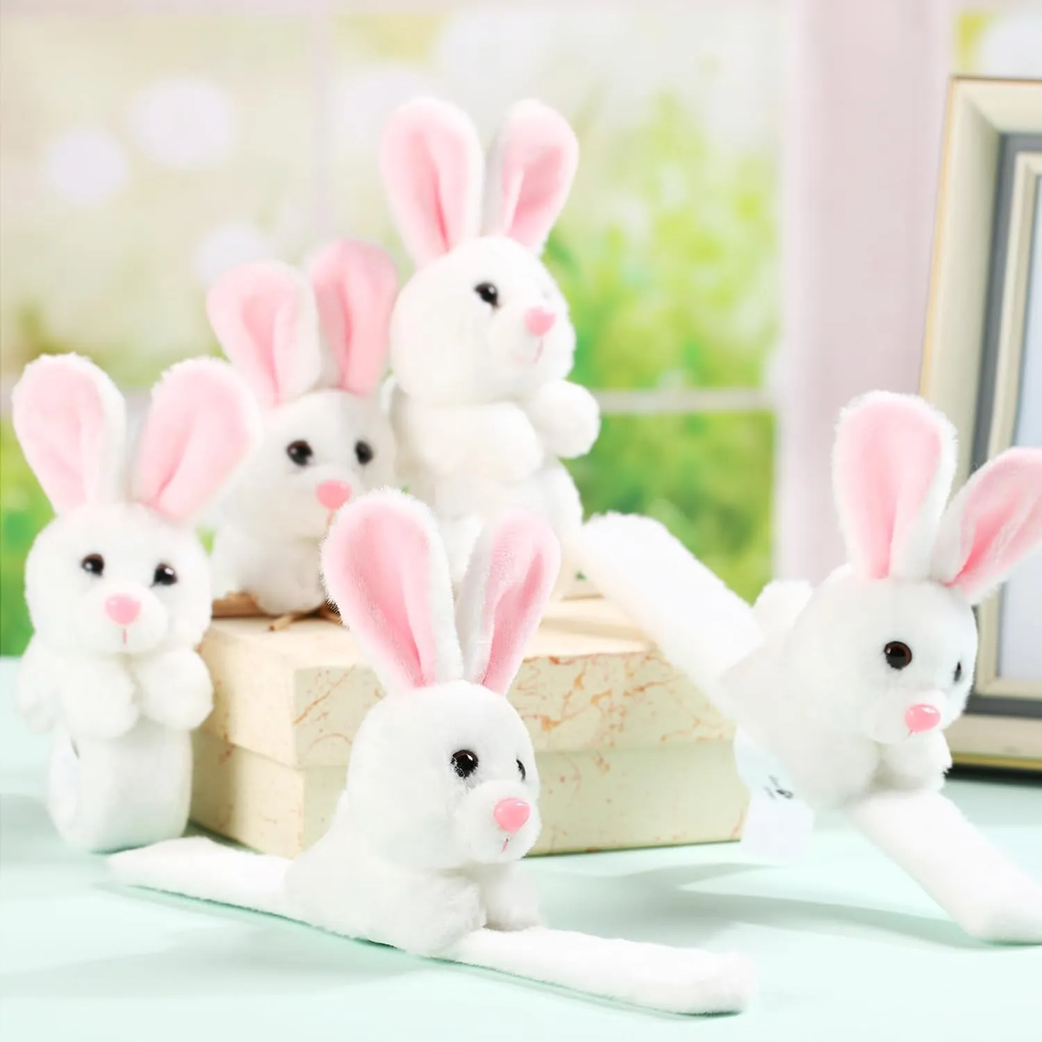 Lenwen 8 Pcs Rabbit Stuffed Animals Slap Bracelets for Kids Plush Animal Cute Wrist Slap Bands for Birthday Party Favors Boys Girls Gifts
