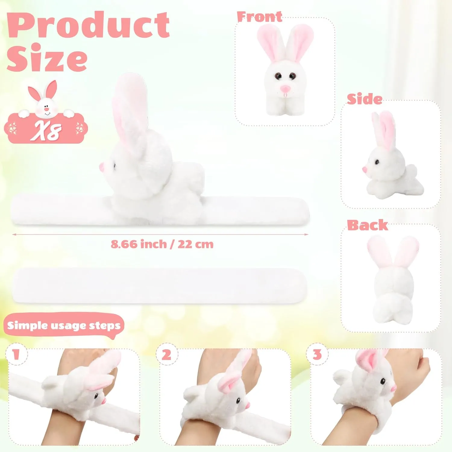 Lenwen 8 Pcs Rabbit Stuffed Animals Slap Bracelets for Kids Plush Animal Cute Wrist Slap Bands for Birthday Party Favors Boys Girls Gifts