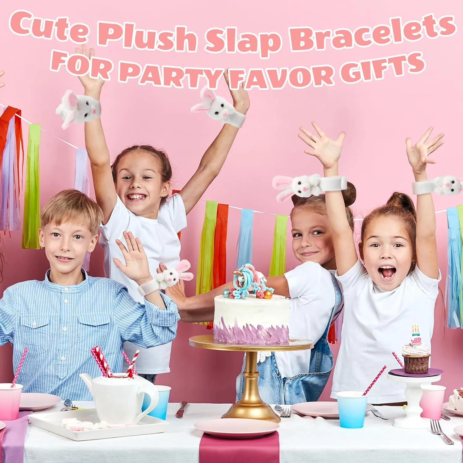 Lenwen 8 Pcs Rabbit Stuffed Animals Slap Bracelets for Kids Plush Animal Cute Wrist Slap Bands for Birthday Party Favors Boys Girls Gifts
