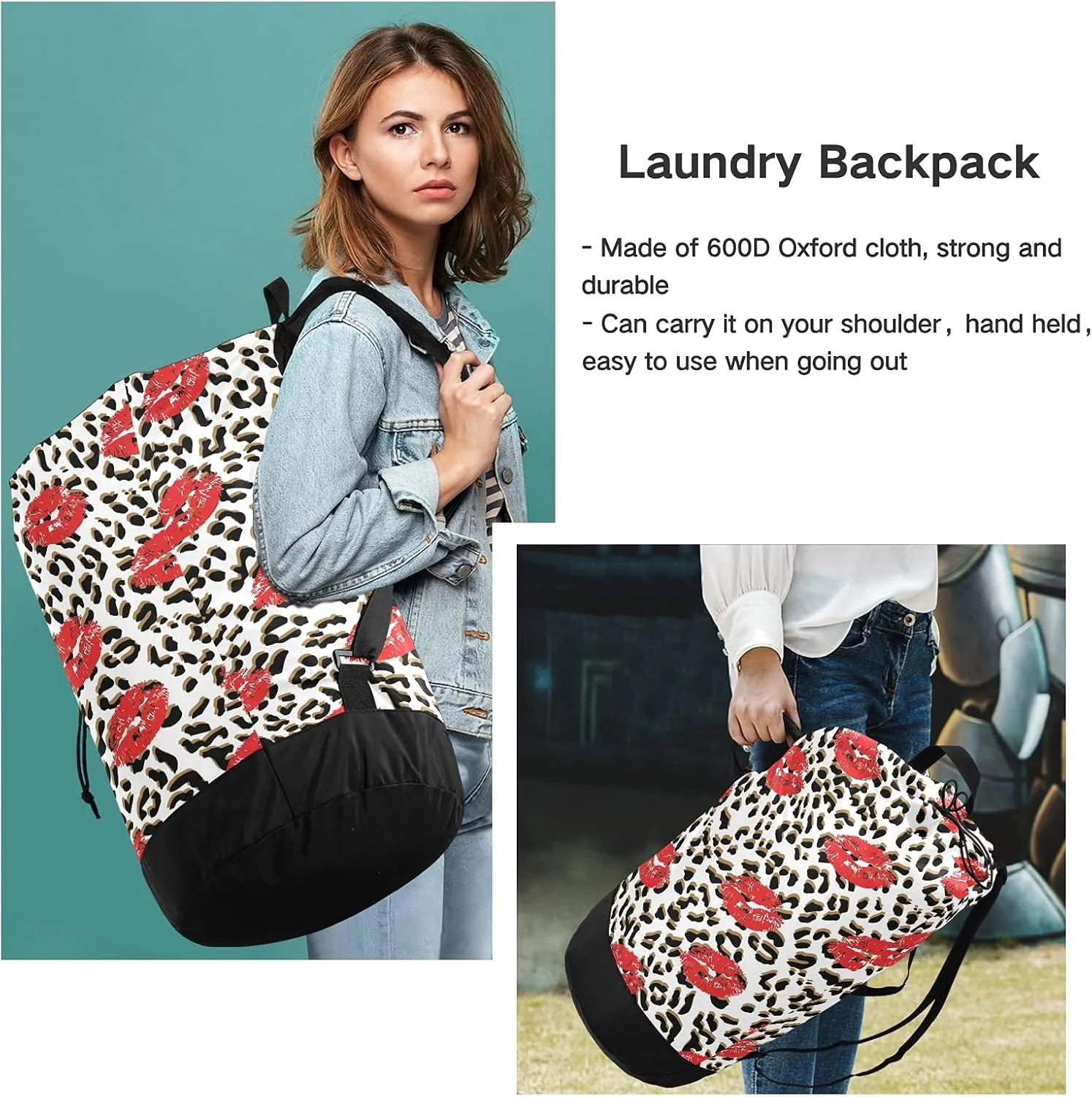 Leopard Print Kiss Lips Laundry Bag Large Heavy Duty Laundry Backpack with Shoulder Straps Waterproof Laundry bag for Traveling Camp Dirty Clothes Organizer for College Students