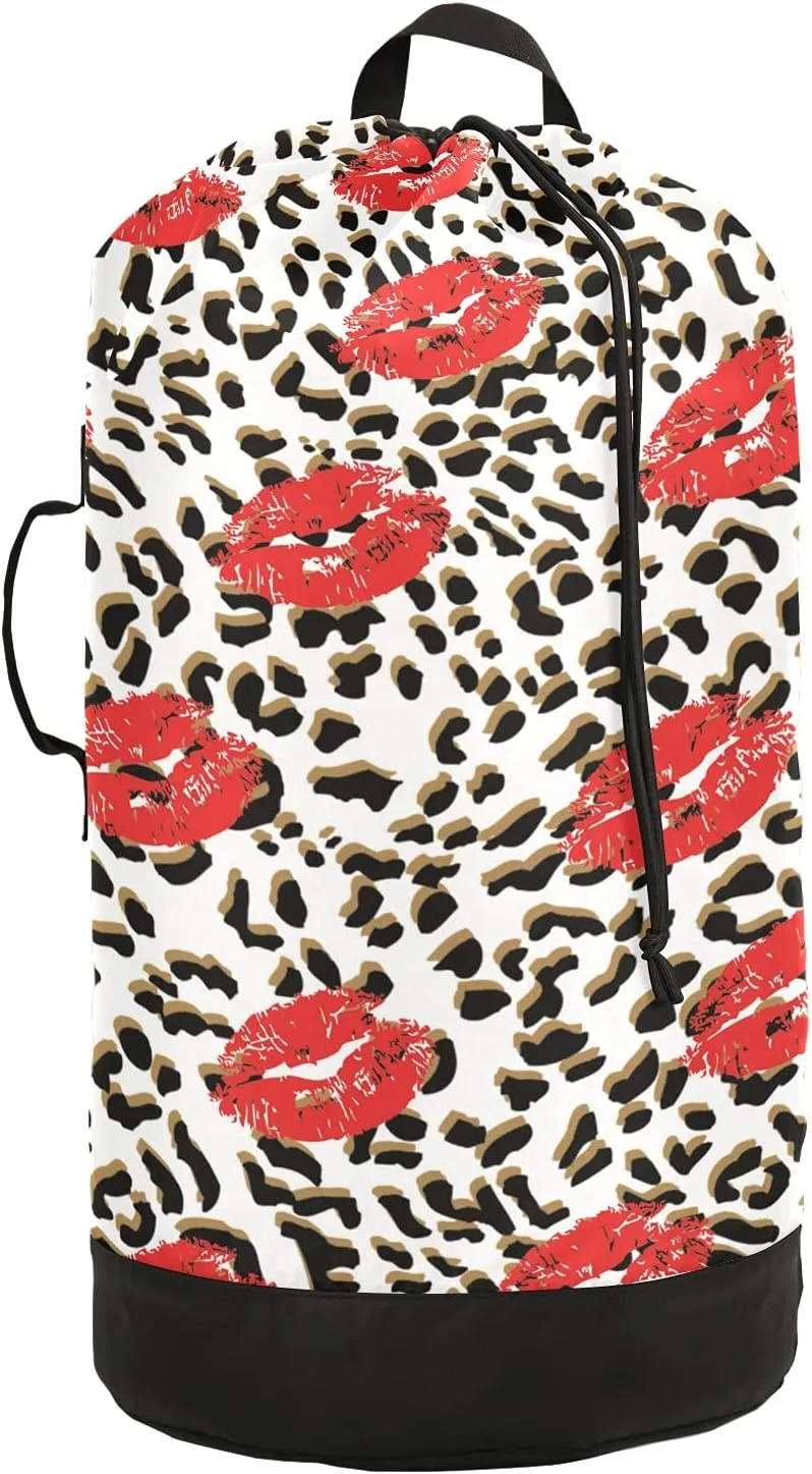 Leopard Print Kiss Lips Laundry Bag Large Heavy Duty Laundry Backpack with Shoulder Straps Waterproof Laundry bag for Traveling Camp Dirty Clothes Organizer for College Students