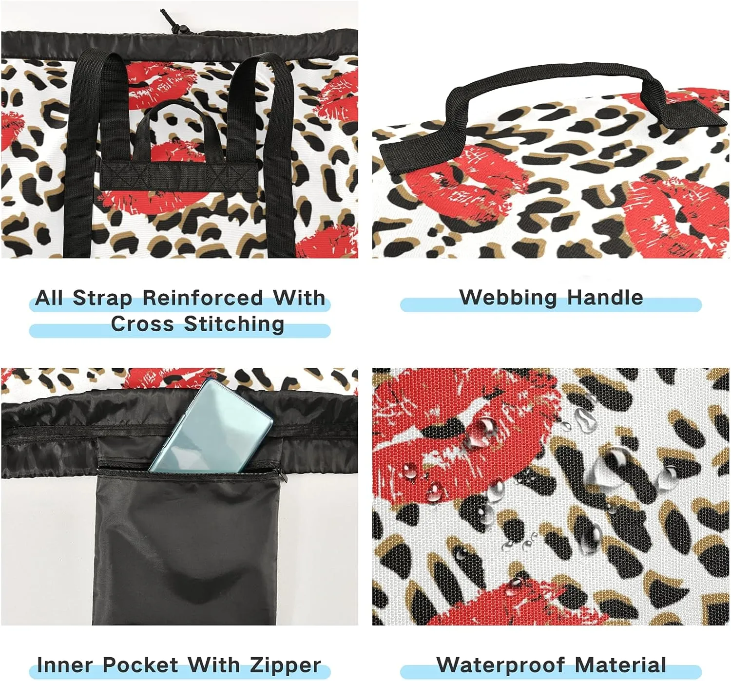 Leopard Print Kiss Lips Laundry Bag Large Heavy Duty Laundry Backpack with Shoulder Straps Waterproof Laundry bag for Traveling Camp Dirty Clothes Organizer for College Students