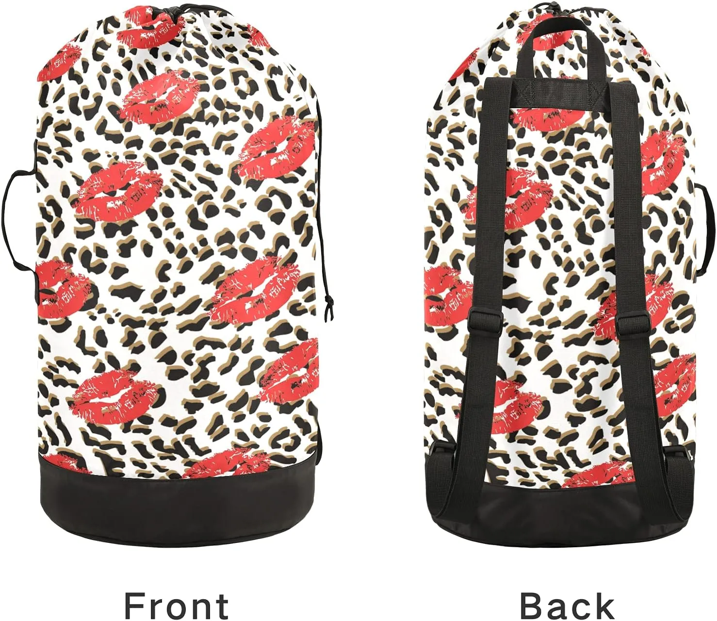Leopard Print Kiss Lips Laundry Bag Large Heavy Duty Laundry Backpack with Shoulder Straps Waterproof Laundry bag for Traveling Camp Dirty Clothes Organizer for College Students