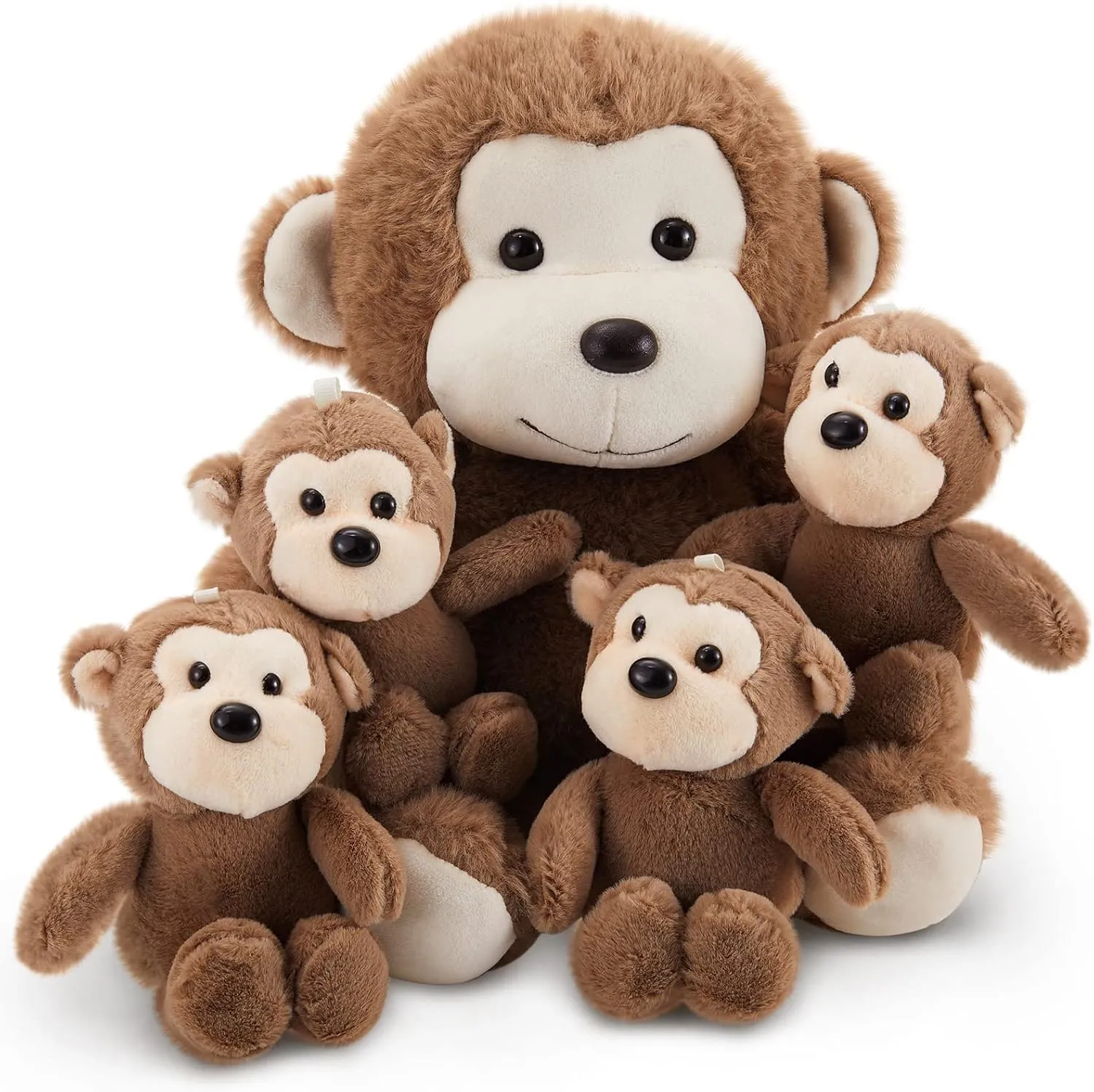Lewtemi 5 Pcs Monkey Stuffed Animals Large Plush Toy with 4 Cute Plush Baby Monkeys Soft Stuffed Animals Toy Cuddly Plushie for Boys and Girls Birthday Gifts Party Favors