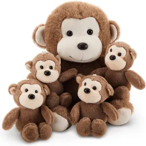Lewtemi 5 Pcs Monkey Stuffed Animals Large Plush Toy with 4 Cute Plush Baby Monkeys Soft Stuffed Animals Toy Cuddly Plushie for Boys and Girls Birthday Gifts Party Favors