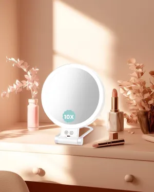 Lighted Makeup Mirror with Magnification 10X, Travel Make Up Mirror, Portable Mirror with Lights Dimmable 3 Color, Cordless Rechargeable Vanity Mirror (White, Silver), RL-LED-10X-BT