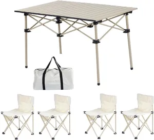 Lightweight Camp Table with Aluminum Roll-up Table Top, 600D Oxford Cloth Camp Chairs, Portable Folding Picnic Table Chair Set, Easy Set Up, 5pcs, Beige