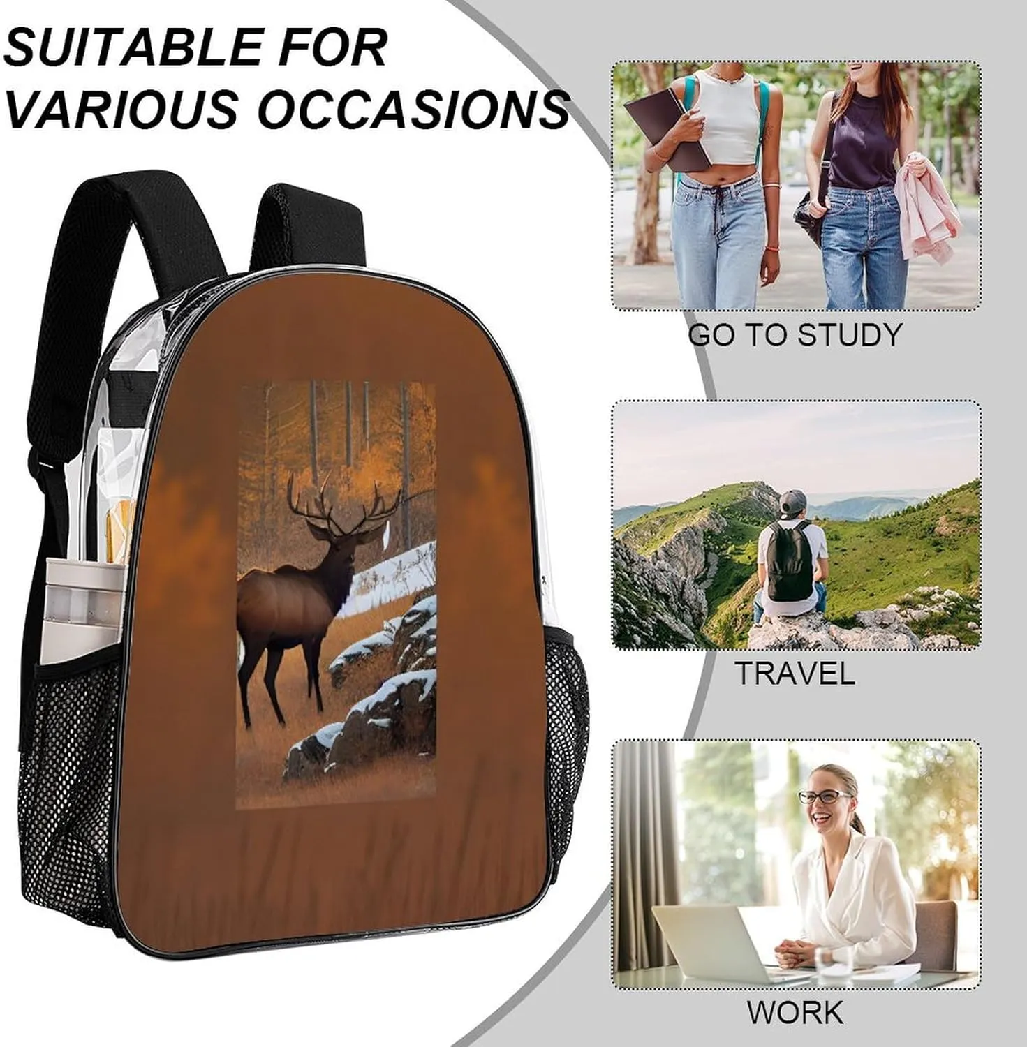 Lightweight Daypack Backpack for Sports Travel Running - Large Capacity Multipurpose Transparent Bookbag, Elk Art Laptop Backpack Daypack