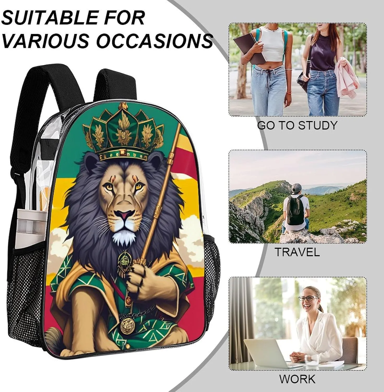 Lightweight Daypack Backpack for Trekking Work Running - Big Capacity Multipurpose Transparent Bookbag, Lion Judah Marijuanaweed Smoke Art Business Computer Bag