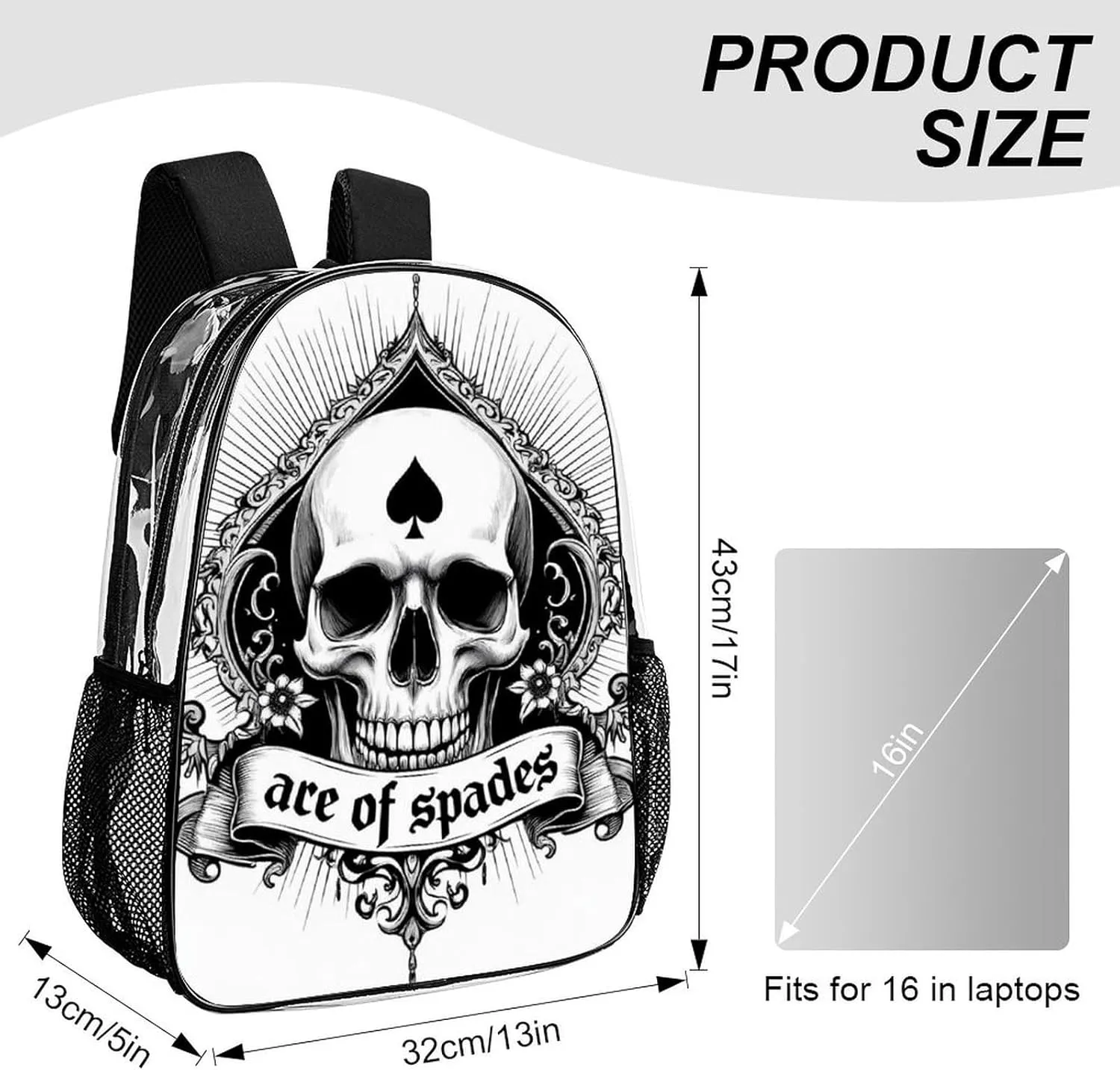 Lightweight Daypack Bookbag for Trekking Business Walking Cycling - Big Capacity Transparent Multipurpose Carry On Bag, Ace Of Spades Skull Art Business Computer Bag