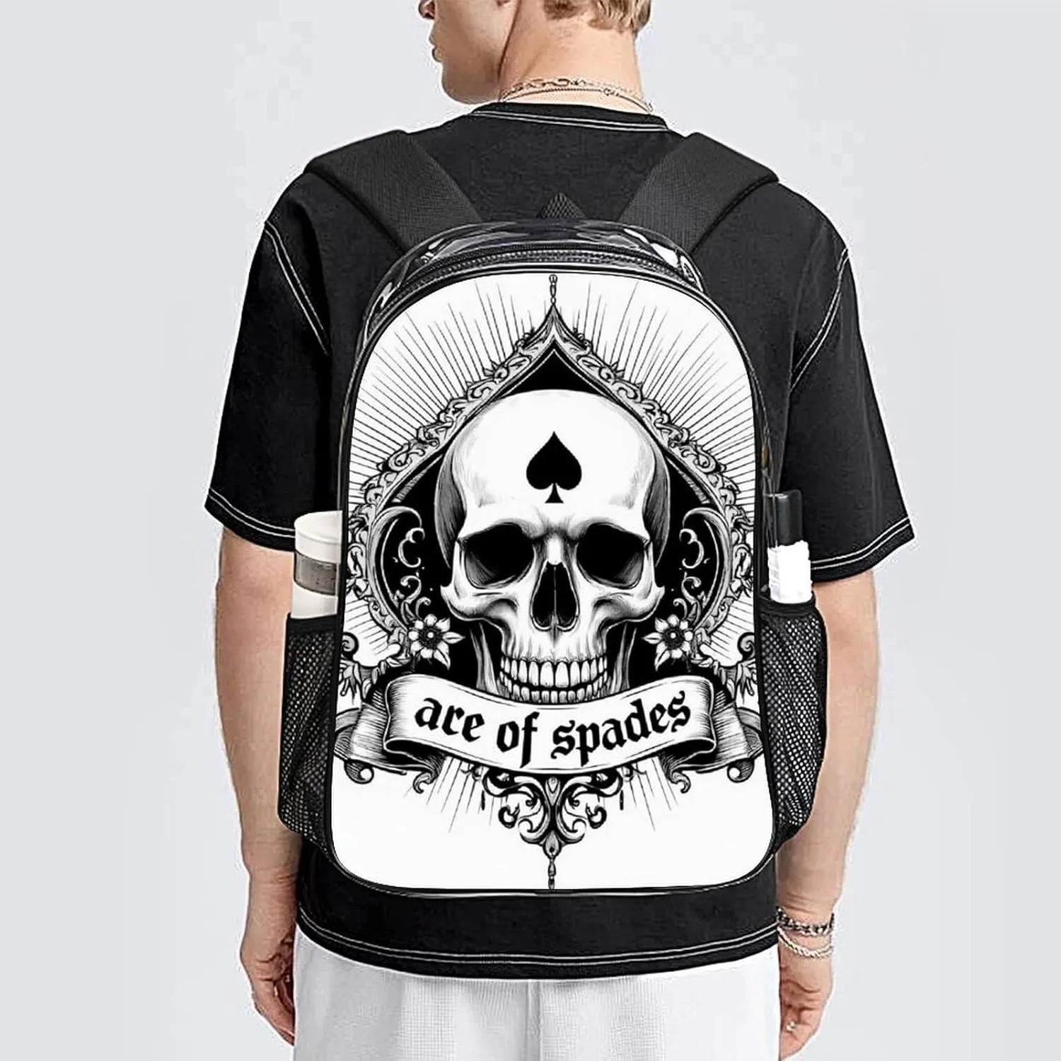 Lightweight Daypack Bookbag for Trekking Business Walking Cycling - Big Capacity Transparent Multipurpose Carry On Bag, Ace Of Spades Skull Art Business Computer Bag