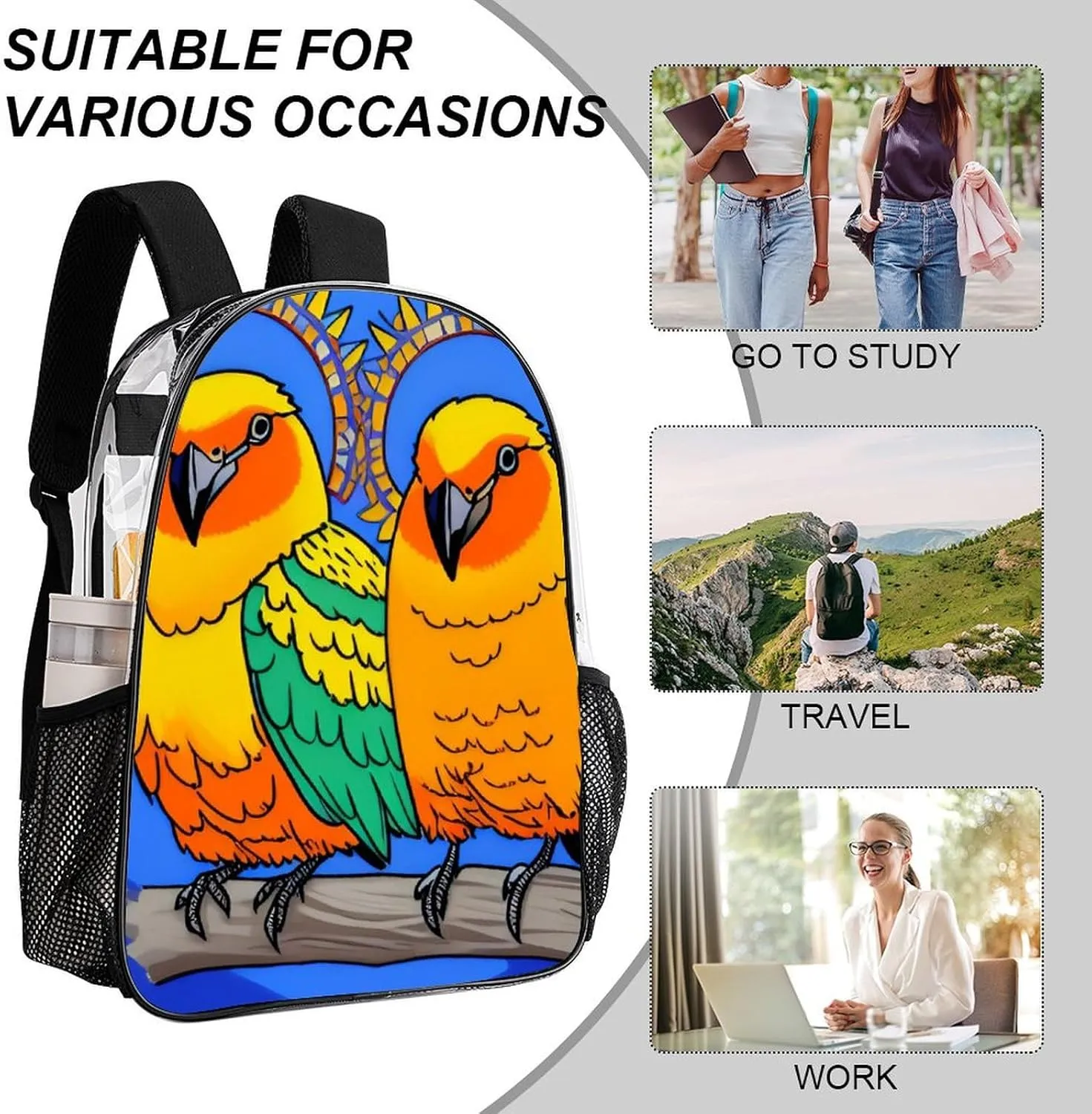 Lightweight Daypack Bookbag for Trekking Business Walking Cycling - Big Capacity Transparent Multipurpose Carry On Bag, Loquacious Birds Blue Art Business Computer Bag