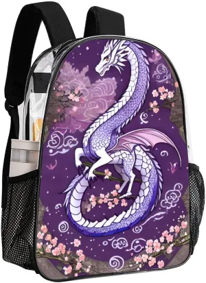 Lightweight Daypack Bookbag for Trekking Business Walking Cycling - Big Capacity Transparent Multipurpose Carry On Bag, Romantic Dragon Cherry Flowers Art Business Computer Bag