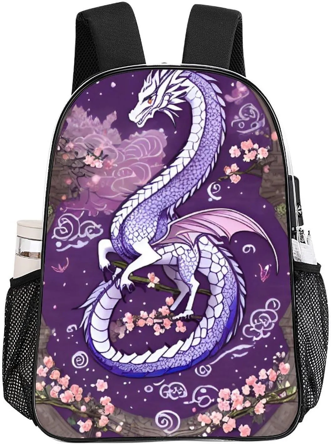 Lightweight Daypack Bookbag for Trekking Business Walking Cycling - Big Capacity Transparent Multipurpose Carry On Bag, Romantic Dragon Cherry Flowers Art Business Computer Bag