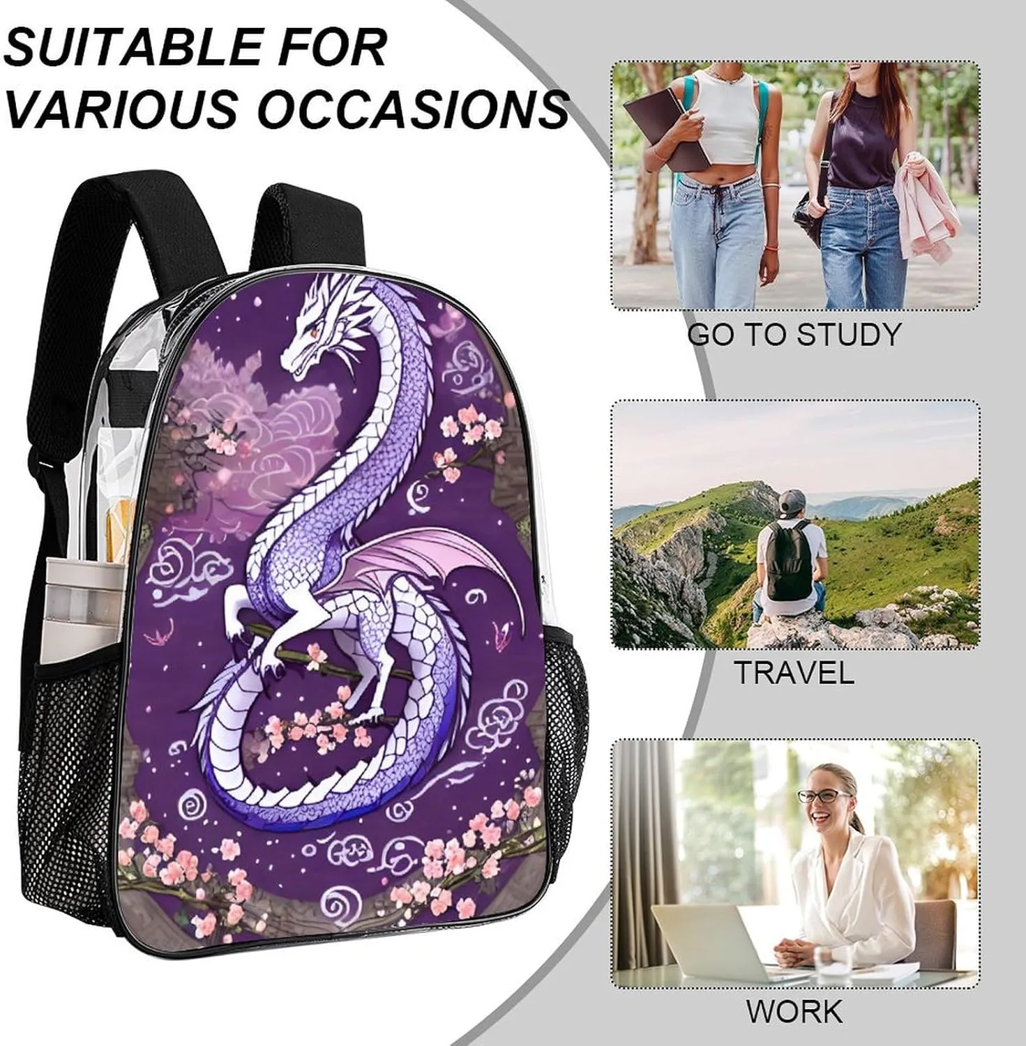 Lightweight Daypack Bookbag for Trekking Business Walking Cycling - Big Capacity Transparent Multipurpose Carry On Bag, Romantic Dragon Cherry Flowers Art Business Computer Bag