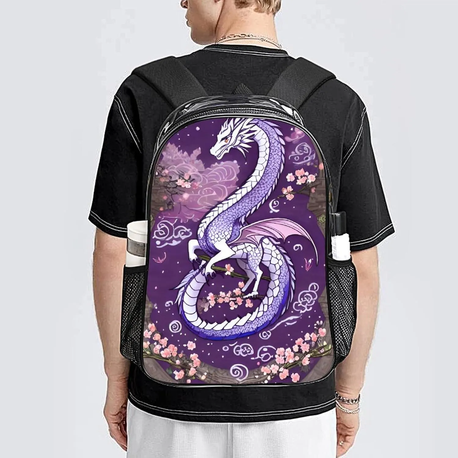 Lightweight Daypack Bookbag for Trekking Business Walking Cycling - Big Capacity Transparent Multipurpose Carry On Bag, Romantic Dragon Cherry Flowers Art Business Computer Bag