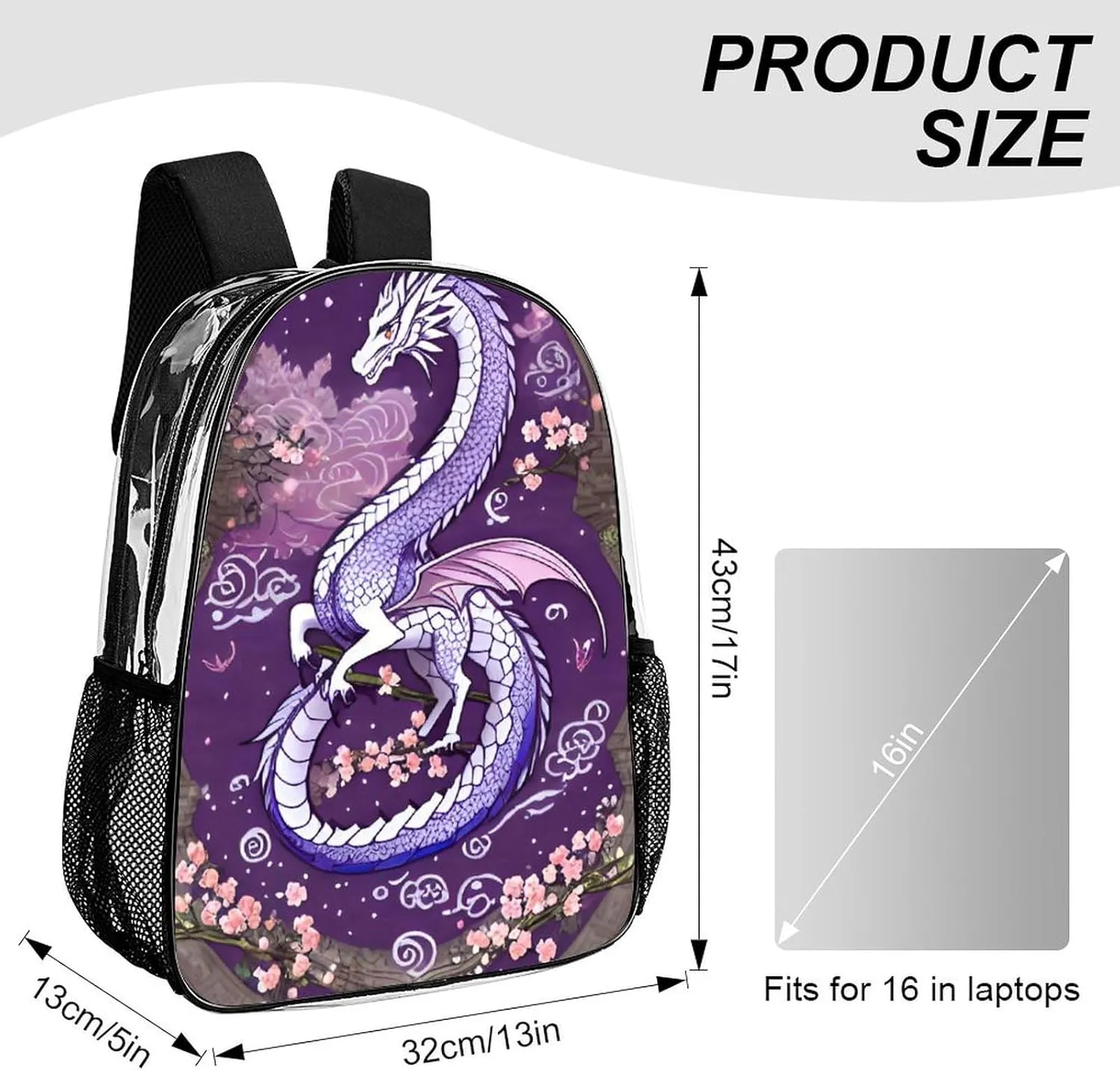 Lightweight Daypack Bookbag for Trekking Business Walking Cycling - Big Capacity Transparent Multipurpose Carry On Bag, Romantic Dragon Cherry Flowers Art Business Computer Bag