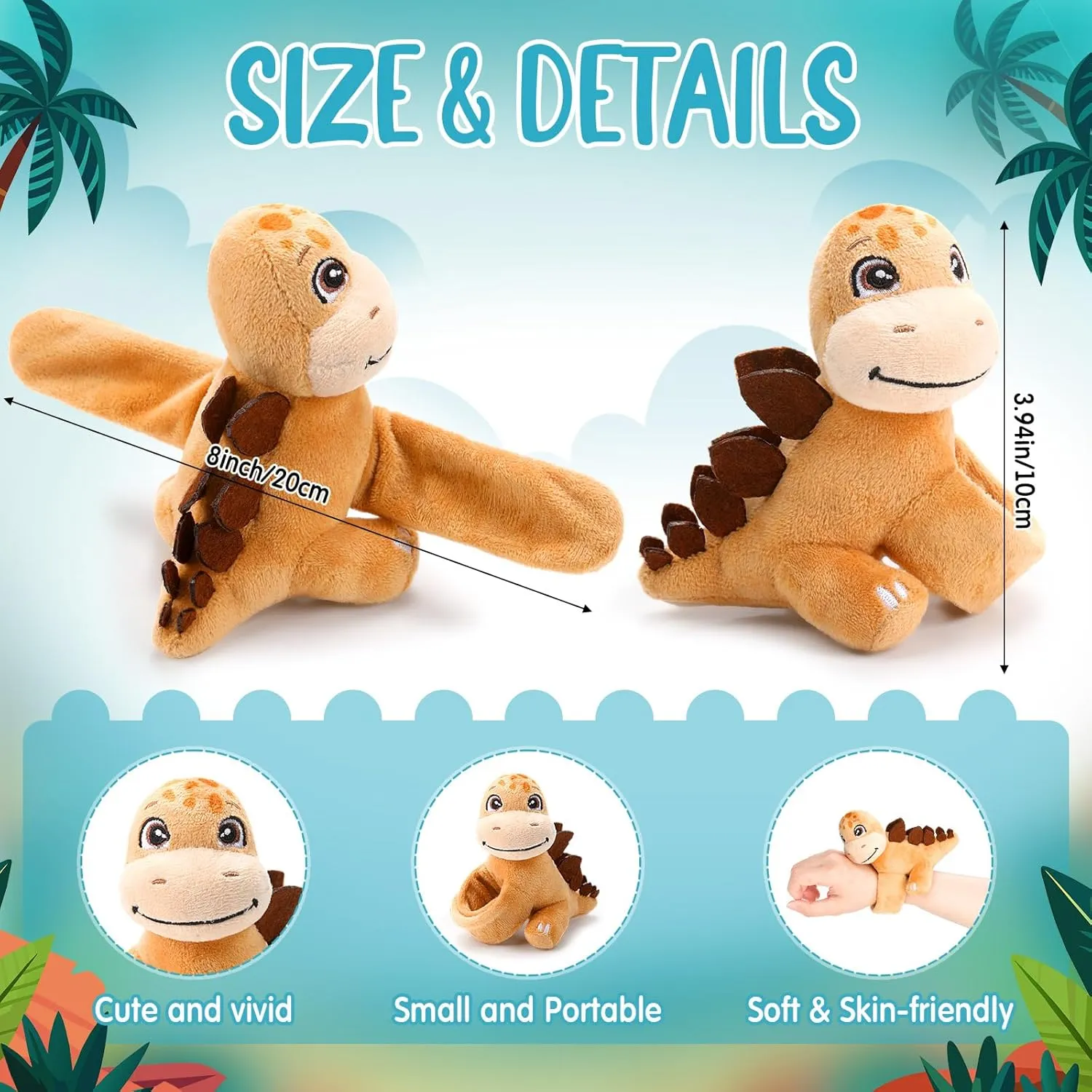 Liliful 8 Pack Kids Gifts Stuffed Animal Cat Slap Bracelets, Graduation End of Year 8 Inch Plush Wrist Cute Snap Bracelets Birthday for Boys Girls Child Bulk Items Pet Adoption Party Favors(Dinosaur)