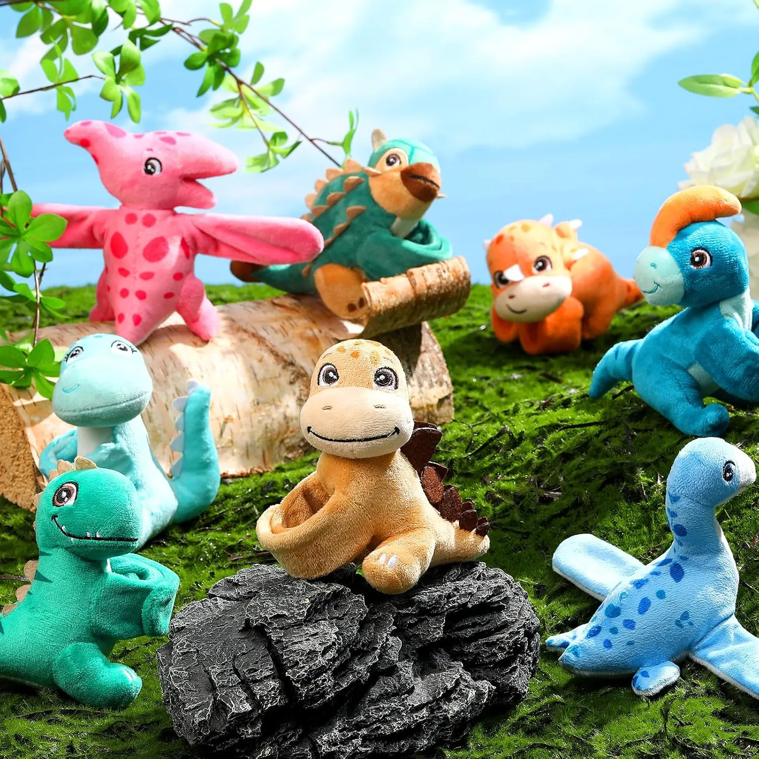 Liliful 8 Pack Kids Gifts Stuffed Animal Cat Slap Bracelets, Graduation End of Year 8 Inch Plush Wrist Cute Snap Bracelets Birthday for Boys Girls Child Bulk Items Pet Adoption Party Favors(Dinosaur)