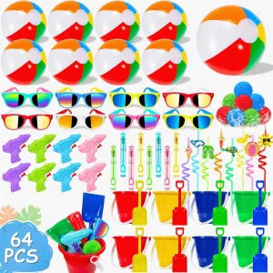 LINAYE Beach & Pool Party Favors - Kids' Summer Toys Bulk Including Beach Balls, Sand Buckets, Sunglasses, Drinking Straws, Bubble Wands Beach & Pool Party Supplies
