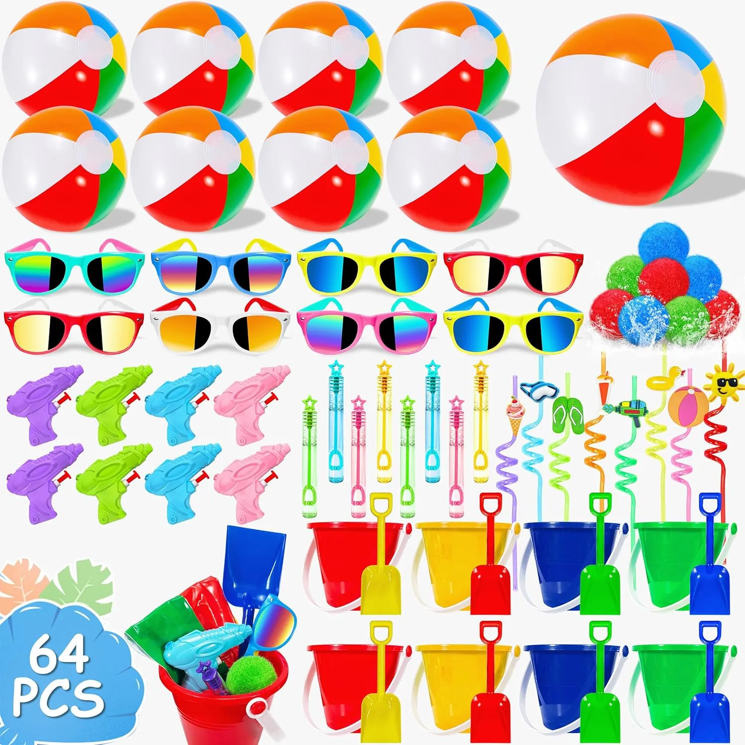 LINAYE Beach & Pool Party Favors - Kids' Summer Toys Bulk Including Beach Balls, Sand Buckets, Sunglasses, Drinking Straws, Bubble Wands Beach & Pool Party Supplies