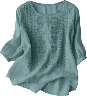 Linen Shirts for Women Shirts V Neck Roll Up Sleeve Blouses Tops White Cover Up Shirt Womens Casual V Neck 3/4