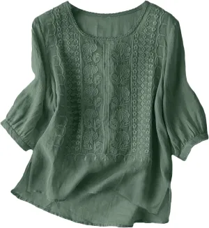Linen Shirts for Women Shirts V Neck Roll Up Sleeve Blouses Tops White Cover Up Shirt Womens Casual V Neck 3/4