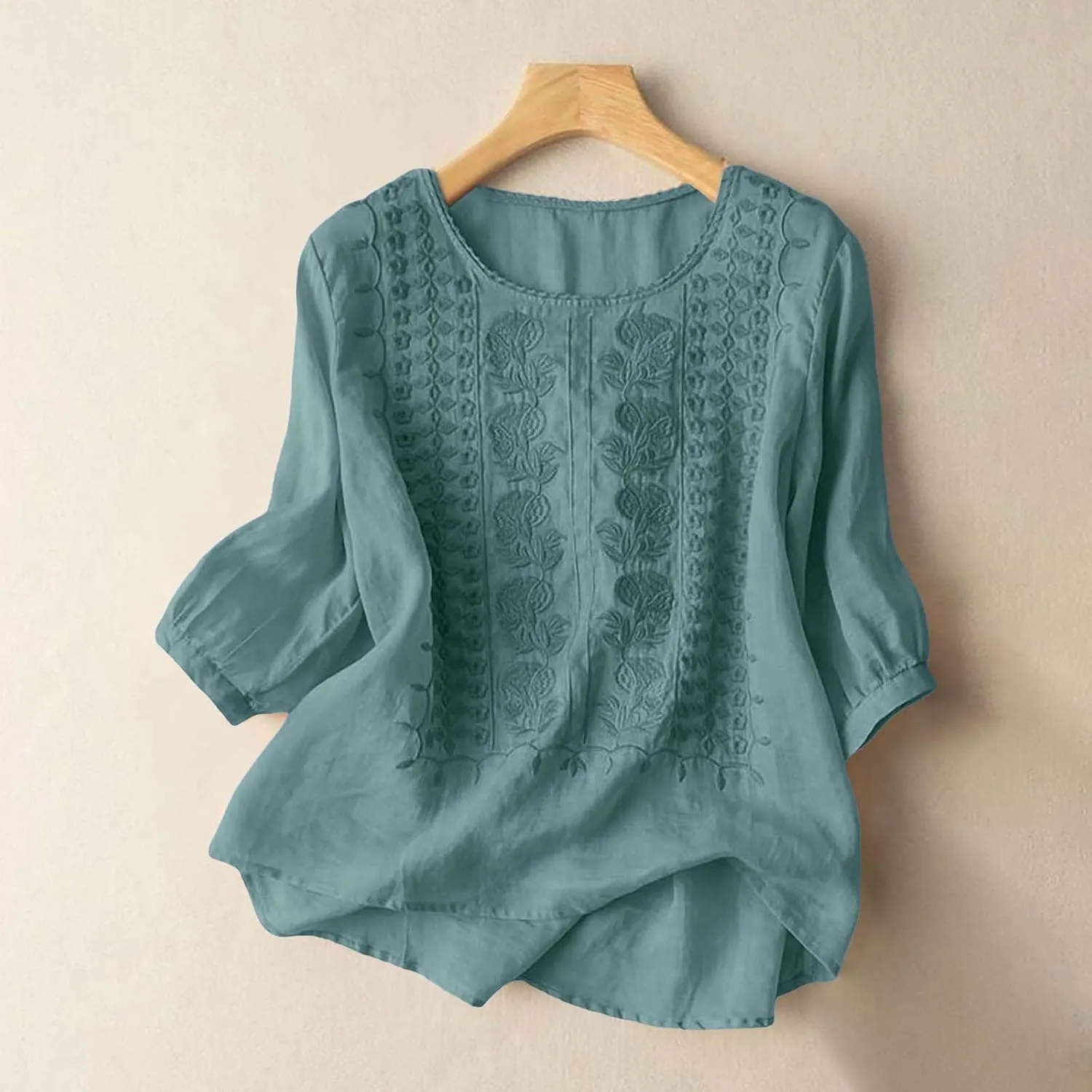 Linen Shirts for Women Shirts V Neck Roll Up Sleeve Blouses Tops White Cover Up Shirt Womens Casual V Neck 3/4