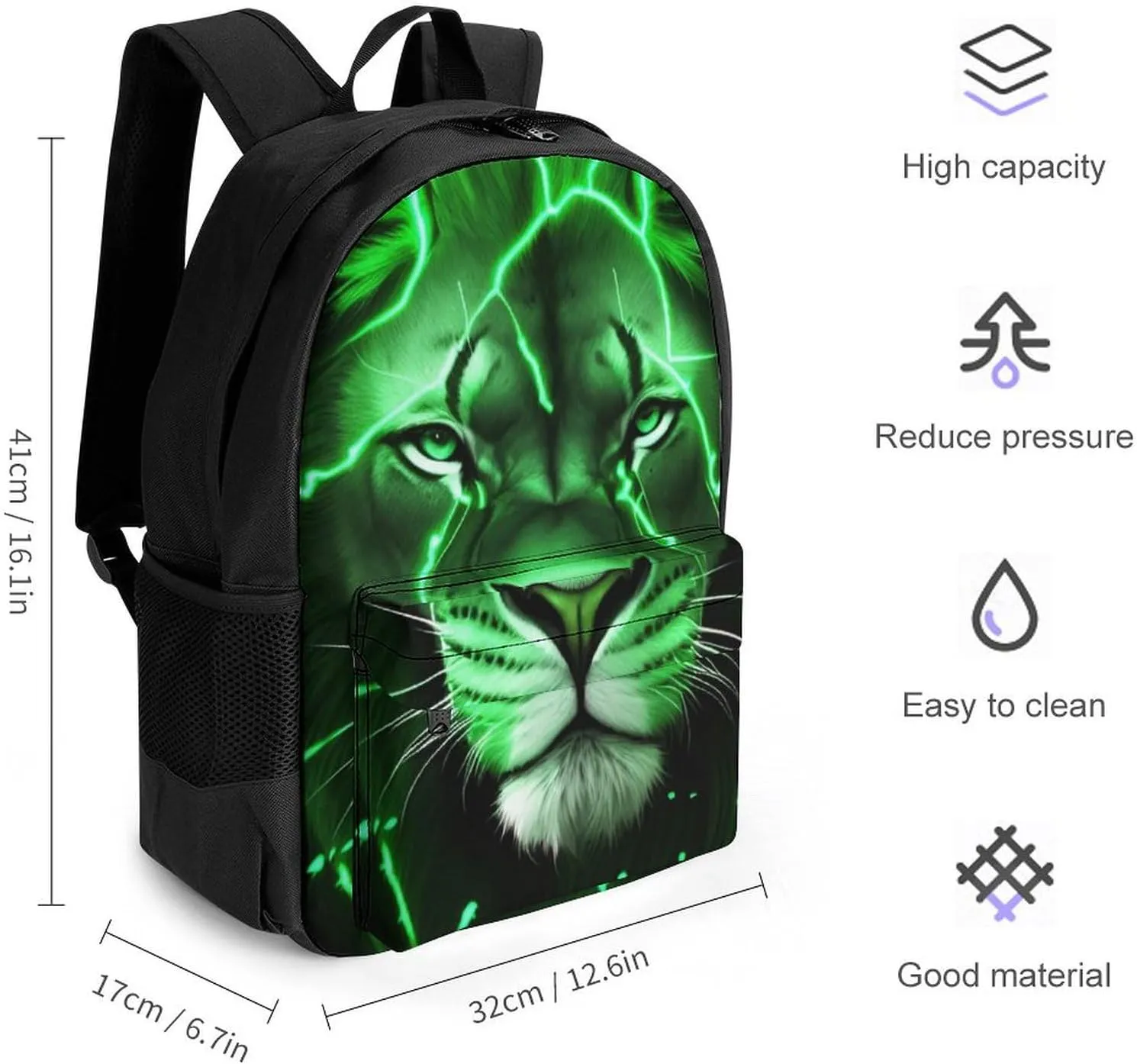 Lion King Green Lighting Art Shoulder Book Bags Polyester Multipurpose Anti-Theft Carry On Bag Large Capacity Travel Hiking & Camping Rucksack