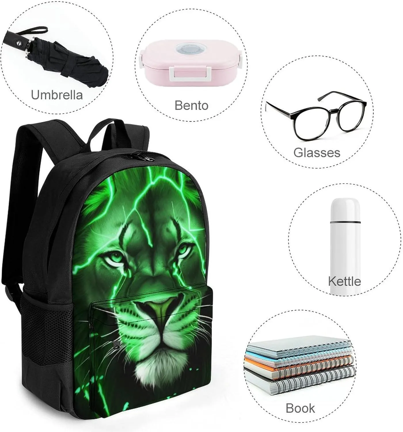 Lion King Green Lighting Art Shoulder Book Bags Polyester Multipurpose Anti-Theft Carry On Bag Large Capacity Travel Hiking & Camping Rucksack