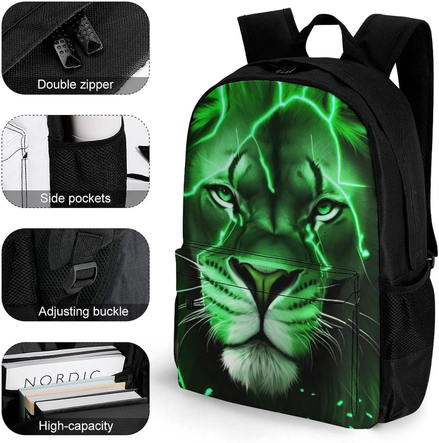 Lion King Green Lighting Art Shoulder Book Bags Polyester Multipurpose Anti-Theft Carry On Bag Large Capacity Travel Hiking & Camping Rucksack