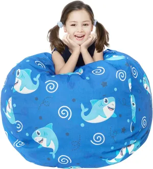 LOLOMLO Stuffed Animal Storage Bean Bag Chair Cover, Hold Kids Plush Toys Blankets Towels Beanbag (Cover Only), Canvas Floor Circle Stuff Sit Seat Sofa with YKK Zipper, Extra Large 38", Blue Shark