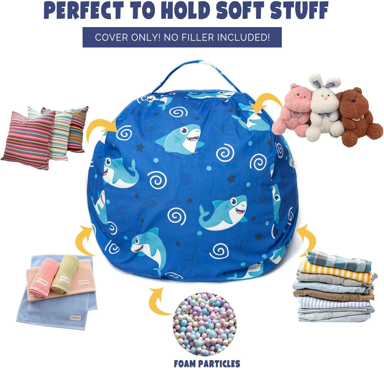LOLOMLO Stuffed Animal Storage Bean Bag Chair Cover, Hold Kids Plush Toys Blankets Towels Beanbag (Cover Only), Canvas Floor Circle Stuff Sit Seat Sofa with YKK Zipper, Extra Large 38", Blue Shark