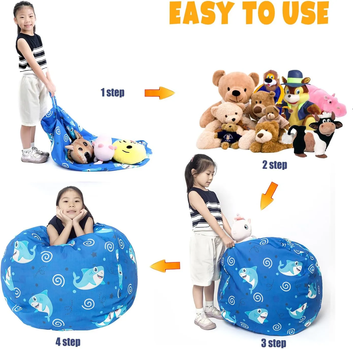 LOLOMLO Stuffed Animal Storage Bean Bag Chair Cover, Hold Kids Plush Toys Blankets Towels Beanbag (Cover Only), Canvas Floor Circle Stuff Sit Seat Sofa with YKK Zipper, Extra Large 38", Blue Shark