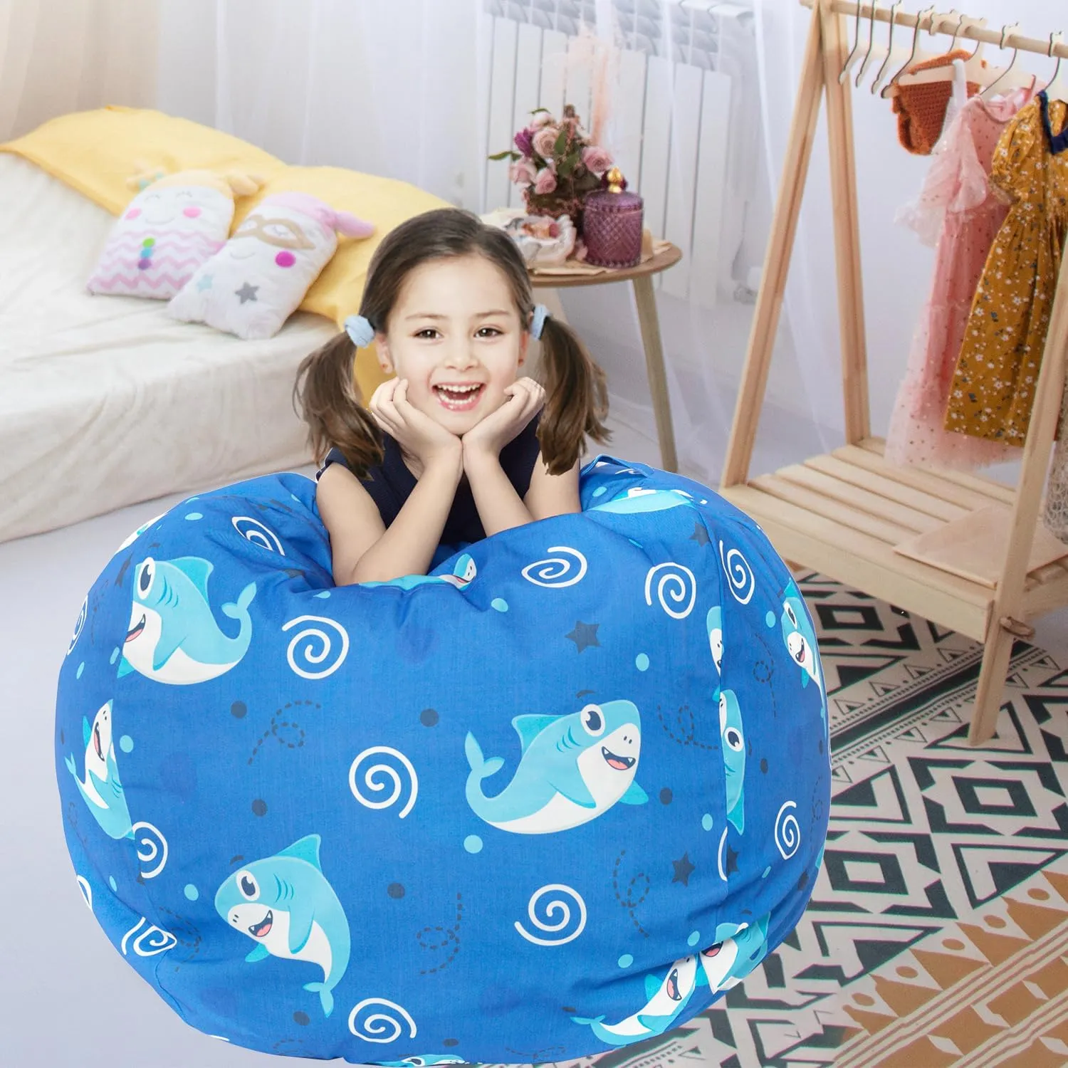 LOLOMLO Stuffed Animal Storage Bean Bag Chair Cover, Hold Kids Plush Toys Blankets Towels Beanbag (Cover Only), Canvas Floor Circle Stuff Sit Seat Sofa with YKK Zipper, Extra Large 38", Blue Shark