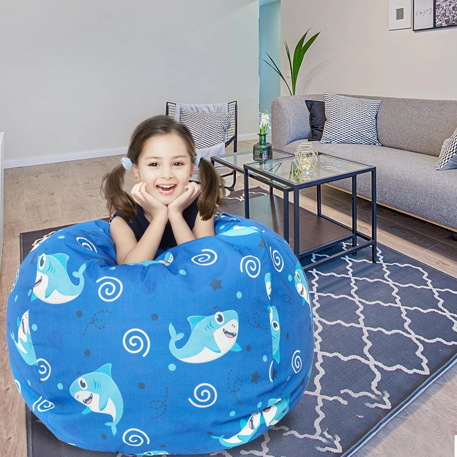 LOLOMLO Stuffed Animal Storage Bean Bag Chair Cover, Hold Kids Plush Toys Blankets Towels Beanbag (Cover Only), Canvas Floor Circle Stuff Sit Seat Sofa with YKK Zipper, Extra Large 38", Blue Shark