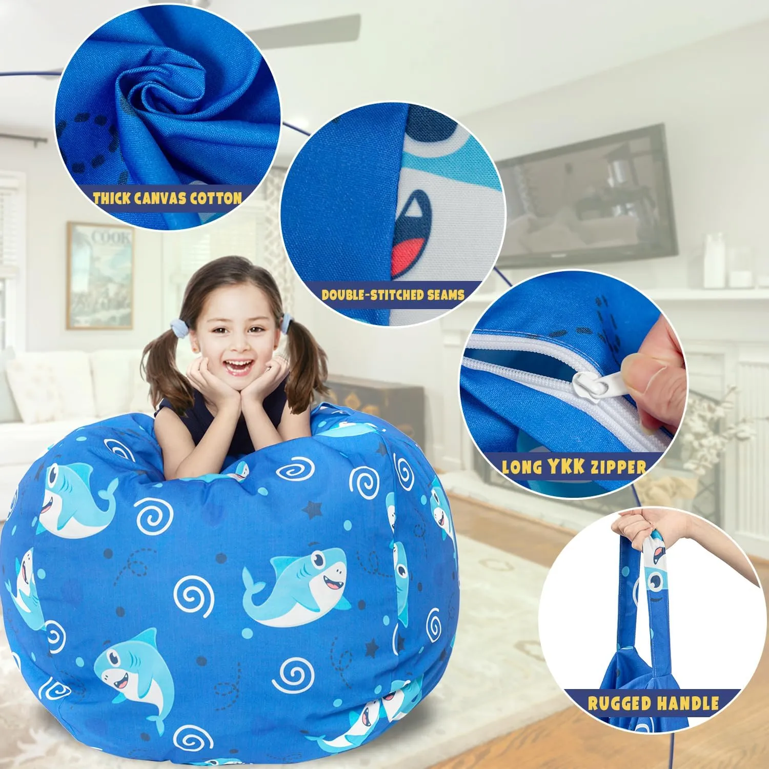 LOLOMLO Stuffed Animal Storage Bean Bag Chair Cover, Hold Kids Plush Toys Blankets Towels Beanbag (Cover Only), Canvas Floor Circle Stuff Sit Seat Sofa with YKK Zipper, Extra Large 38", Blue Shark
