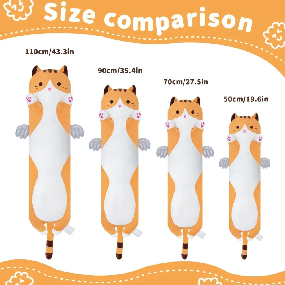 Long Cat Plush Body Pillow, Cute Cat Plush Toy Pillows with Wings, Stuffed Animals Kitten Soft Plushies Gifts for Kids Girls Girlfriend(Yellow, 43.3in/110cm)