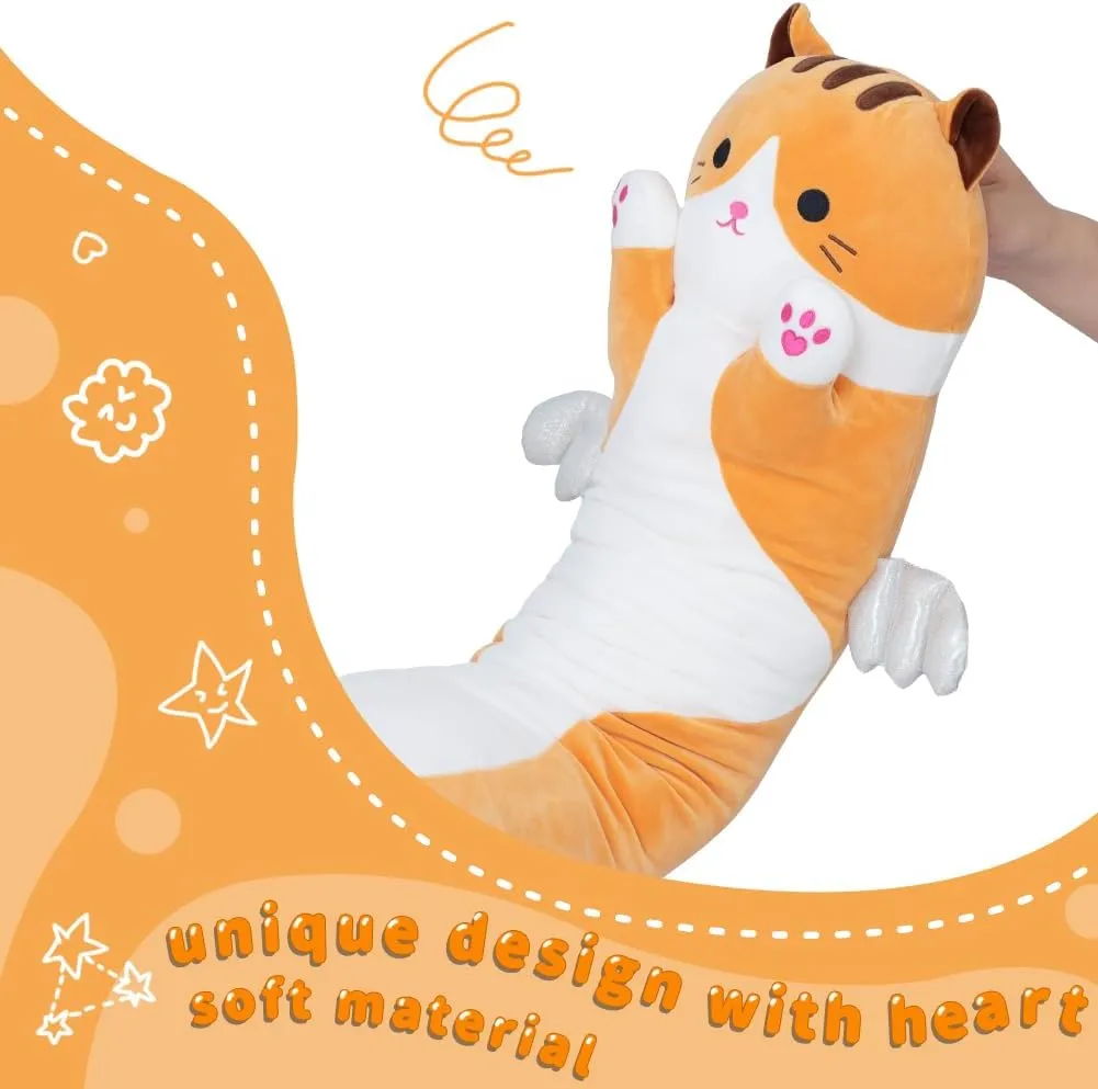 Long Cat Plush Body Pillow, Cute Cat Plush Toy Pillows with Wings, Stuffed Animals Kitten Soft Plushies Gifts for Kids Girls Girlfriend(Yellow, 43.3in/110cm)
