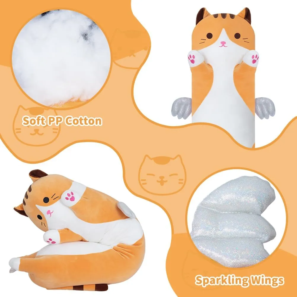 Long Cat Plush Body Pillow, Cute Cat Plush Toy Pillows with Wings, Stuffed Animals Kitten Soft Plushies Gifts for Kids Girls Girlfriend(Yellow, 43.3in/110cm)