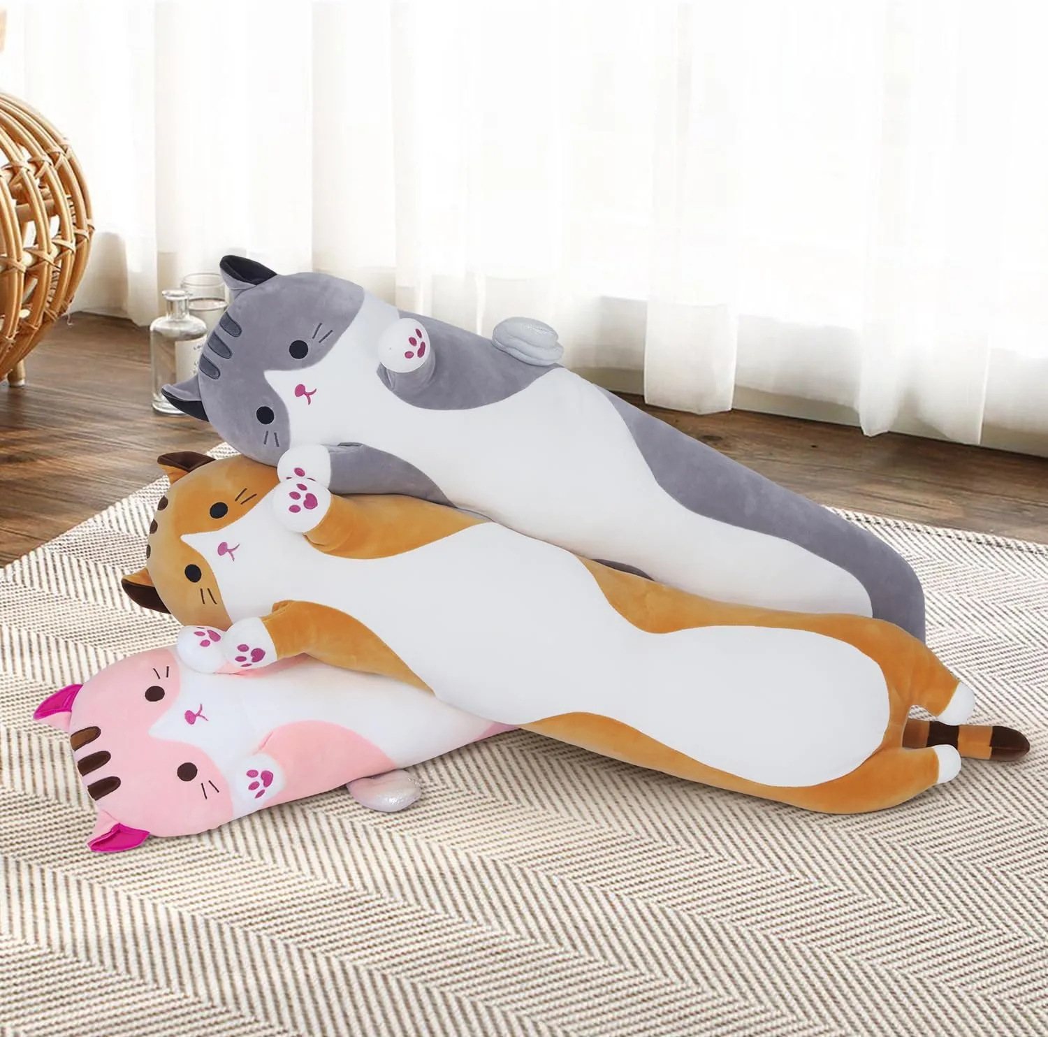 Long Cat Plush Body Pillow, Cute Cat Plush Toy Pillows with Wings, Stuffed Animals Kitten Soft Plushies Gifts for Kids Girls Girlfriend(Yellow, 43.3in/110cm)