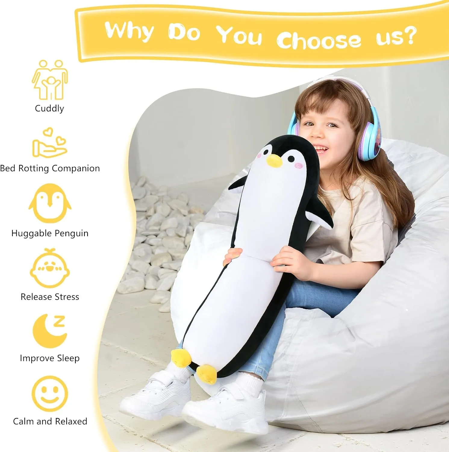 Long Penguin Plush Pillow, 20” Black Penguin Stuffed Animal, Cute Cartoon Sleeping Plushy, Soft Cuddly Hugging Plush Toys Kawaii Body Pillow, Sweet Gift at Birthday for Kids Adults