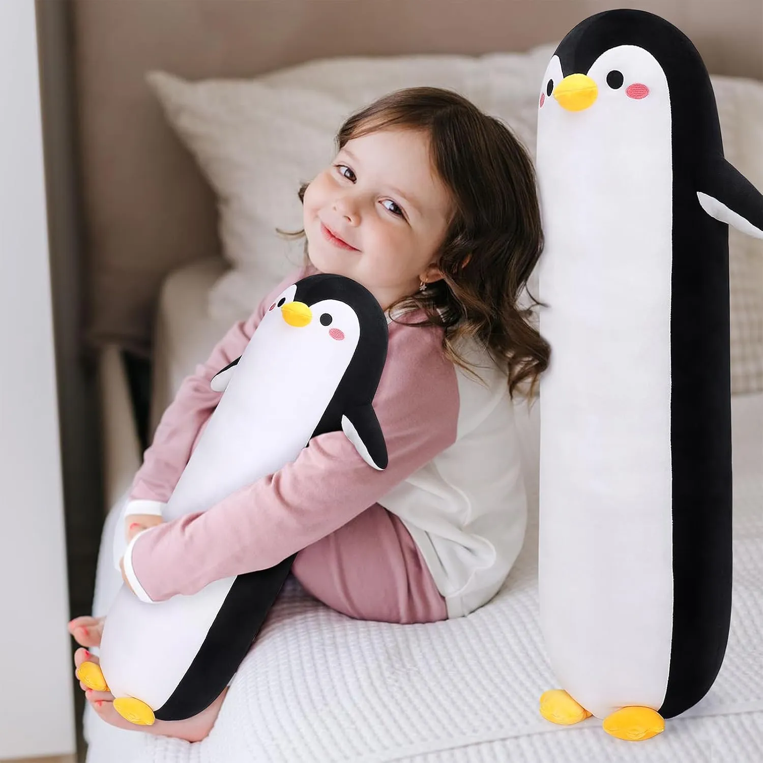 Long Penguin Plush Pillow, 20” Black Penguin Stuffed Animal, Cute Cartoon Sleeping Plushy, Soft Cuddly Hugging Plush Toys Kawaii Body Pillow, Sweet Gift at Birthday for Kids Adults