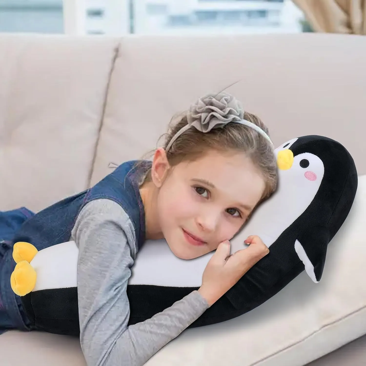 Long Penguin Plush Pillow, 20” Black Penguin Stuffed Animal, Cute Cartoon Sleeping Plushy, Soft Cuddly Hugging Plush Toys Kawaii Body Pillow, Sweet Gift at Birthday for Kids Adults