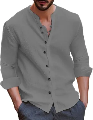 Long Sleeve Cotton Linen Shirt for Men Lightweight Breathable Casual Travel Tops Muscle Fit Combat Fashion Button Down Shirts