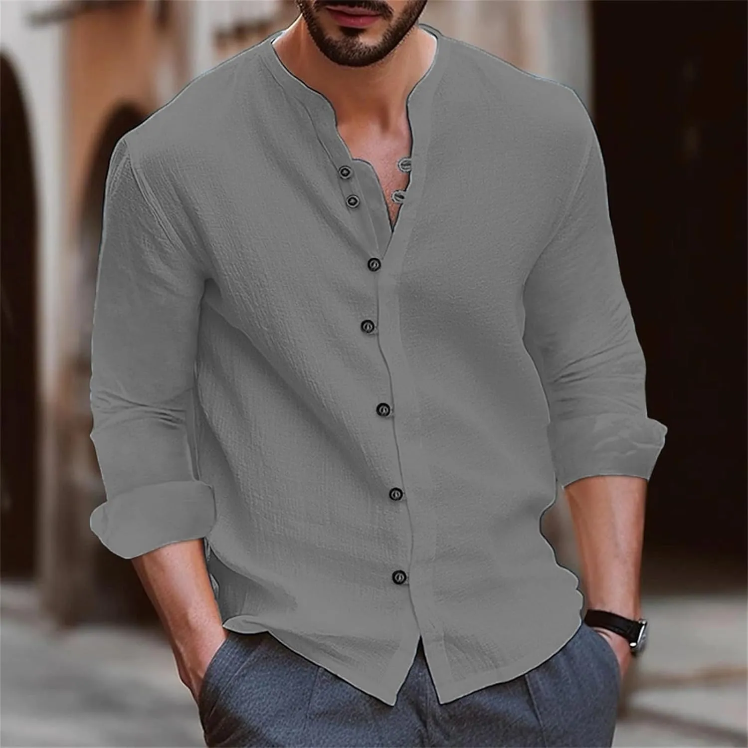 Long Sleeve Cotton Linen Shirt for Men Lightweight Breathable Casual Travel Tops Muscle Fit Combat Fashion Button Down Shirts