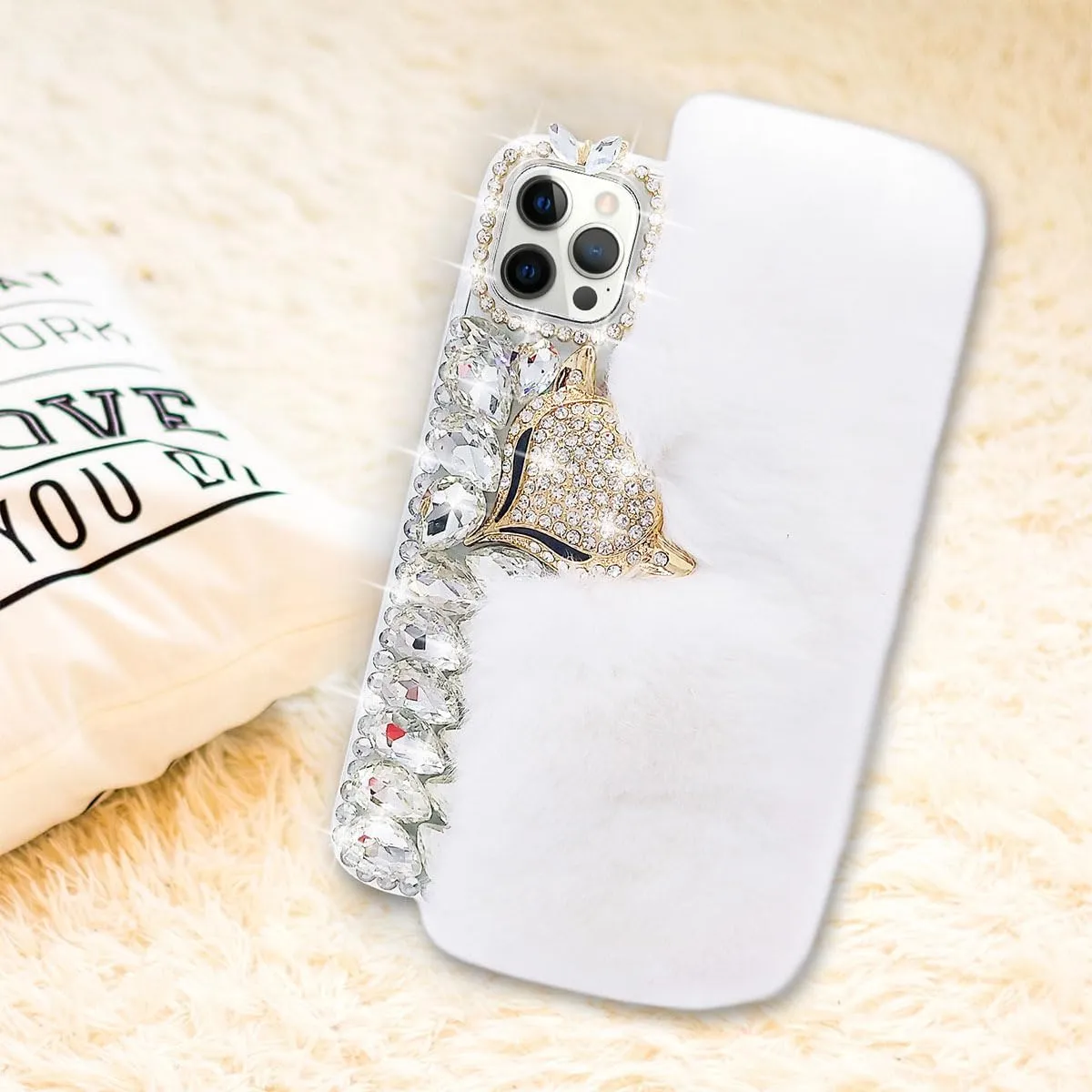 Losin Compatible with iPhone 16 Pro Max Plush Furry Case with Luxury Bling Diamond Rhinestones Cute 3D Fox Head Women Girls Winter Warm Shockproof Protective Cover for iPhone 16 Pro Max, White