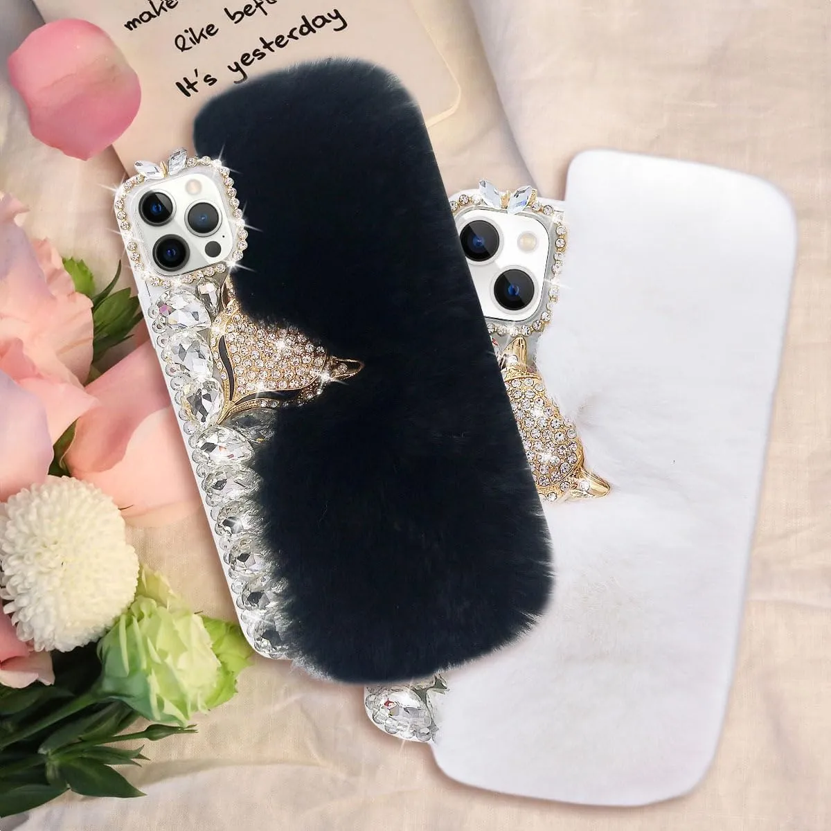 Losin Compatible with iPhone 16 Pro Max Plush Furry Case with Luxury Bling Diamond Rhinestones Cute 3D Fox Head Women Girls Winter Warm Shockproof Protective Cover for iPhone 16 Pro Max, White
