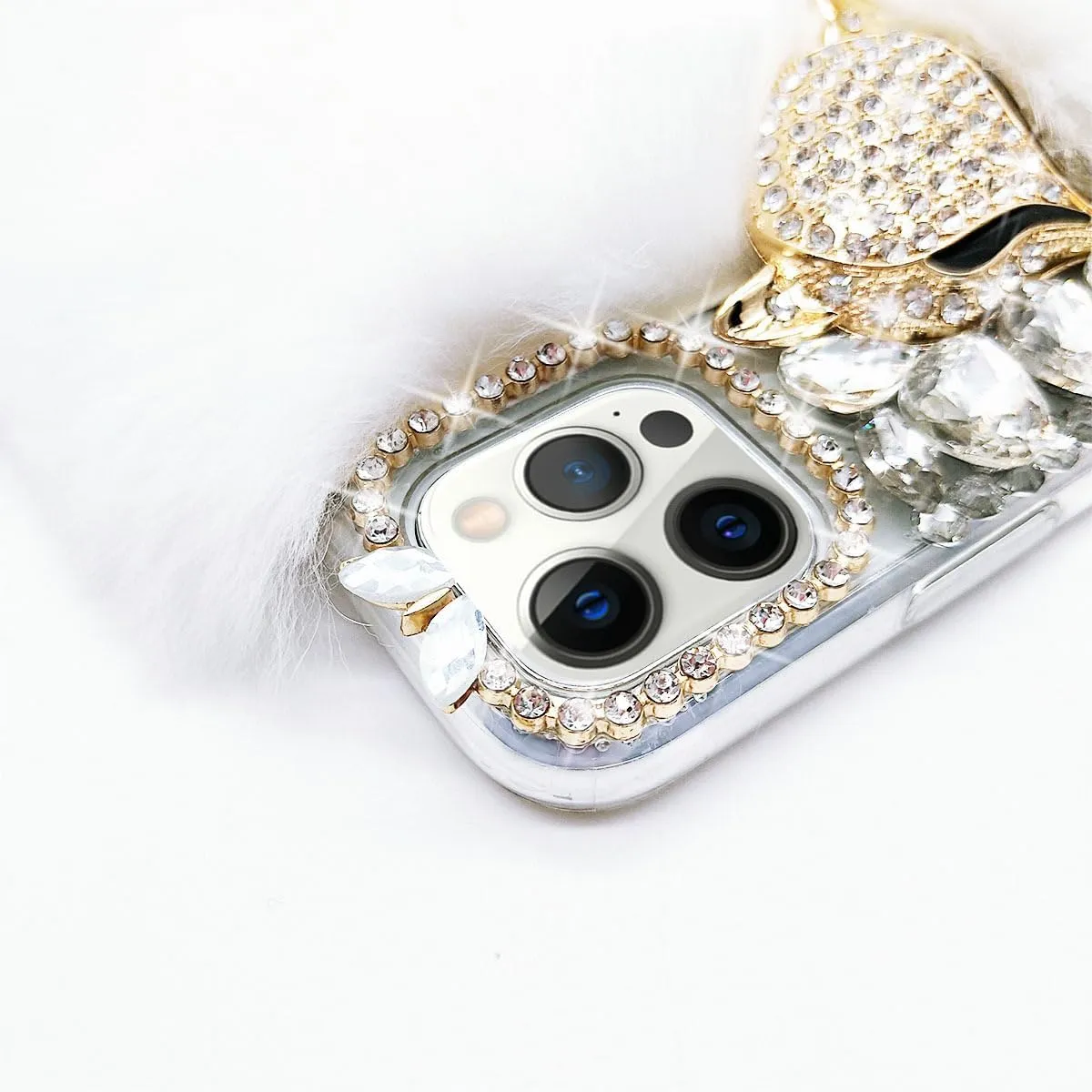 Losin Compatible with iPhone 16 Pro Max Plush Furry Case with Luxury Bling Diamond Rhinestones Cute 3D Fox Head Women Girls Winter Warm Shockproof Protective Cover for iPhone 16 Pro Max, White