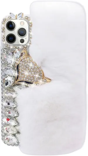 Losin Compatible with iPhone 16 Pro Max Plush Furry Case with Luxury Bling Diamond Rhinestones Cute 3D Fox Head Women Girls Winter Warm Shockproof Protective Cover for iPhone 16 Pro Max, White